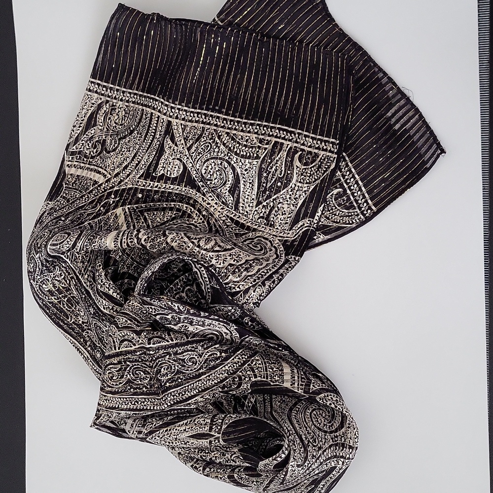 ECHO Paisley Silk Scarf Black White & Gold metallic pin stripe 16”x 59”